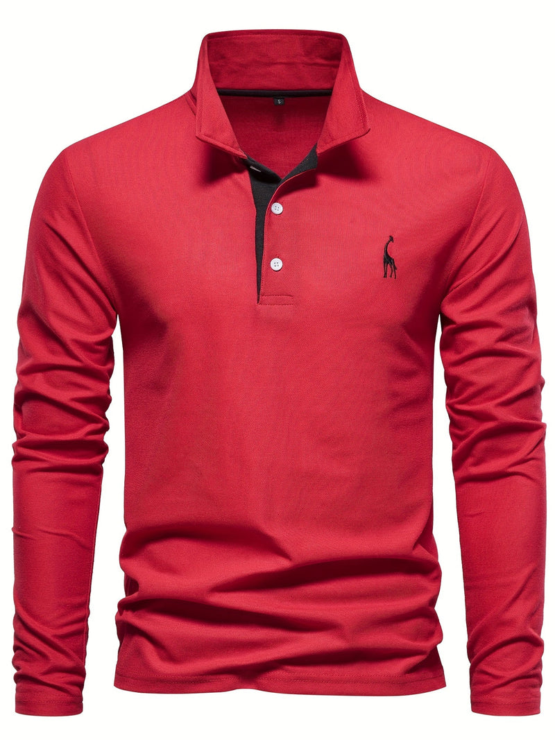 Rotes Herren-Poloshirt, Langarm, Baumwolle, klassischer Kragen, elegantes Design.