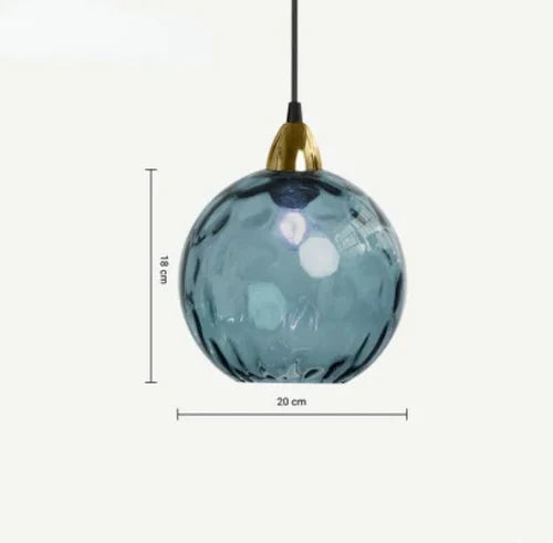 Blaue Glas-Pendelleuchte, 20 cm Durchmesser, 18 cm Höhe, modernes Design, goldene Fassung.