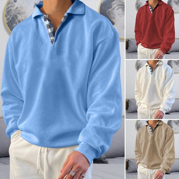 Vier Herrenpullover in Blau, Rot, Weiß und Beige, Langarm, Freizeitmode.