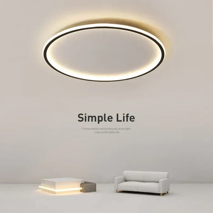 Moderne LED-Deckenleuchte, rund, minimalistisch, Wohnzimmer, energiesparend, warmweiß.