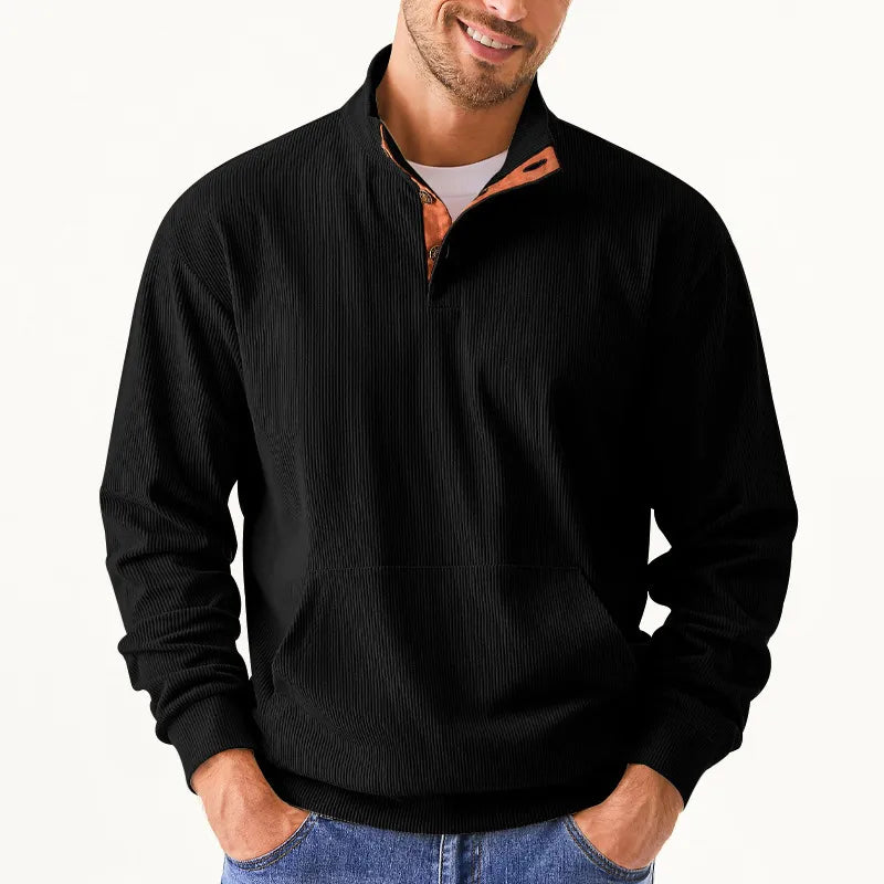 Schwarzer Herrenpullover mit Reißverschluss, gerippt, lässig, modisch, bequem, Langarm.