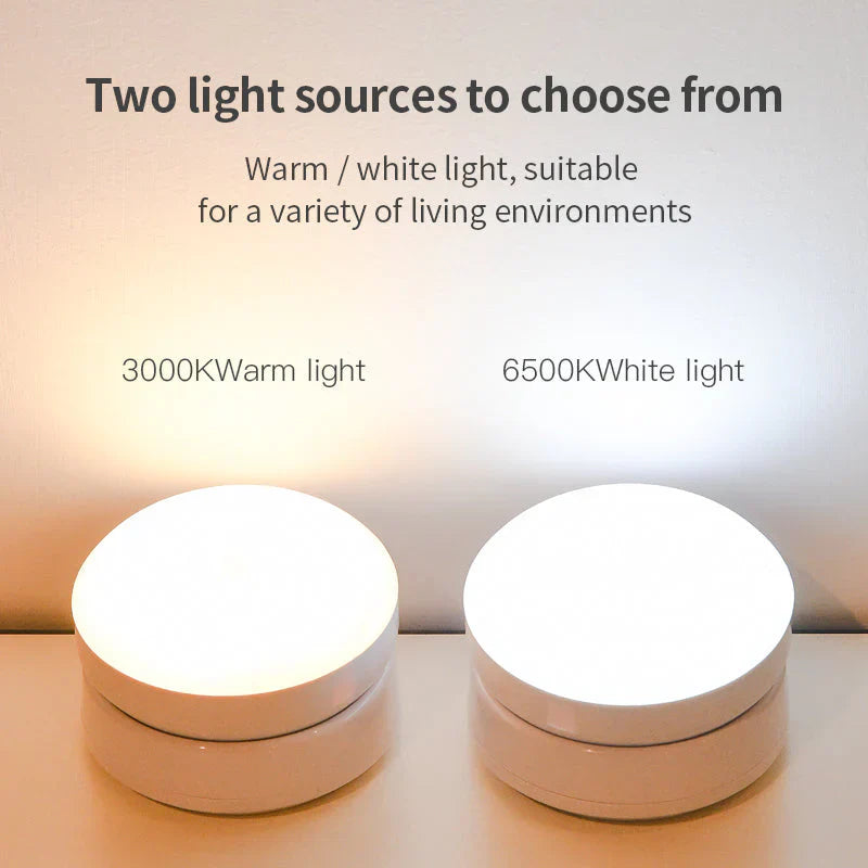 Zwei runde LED-Lampen, warmweiß 3000K und kaltweiß 6500K, auf weißem Hintergrund.