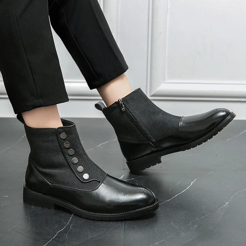 Schwarze Lederstiefeletten mit Knöpfen, elegantes Design, Damenmode, Herbst-Winter-Schuhe.