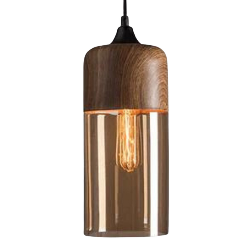 Hängelampe aus Holz und Glas, Vintage-Design, E27-Fassung, warmes Licht, modern, braun.