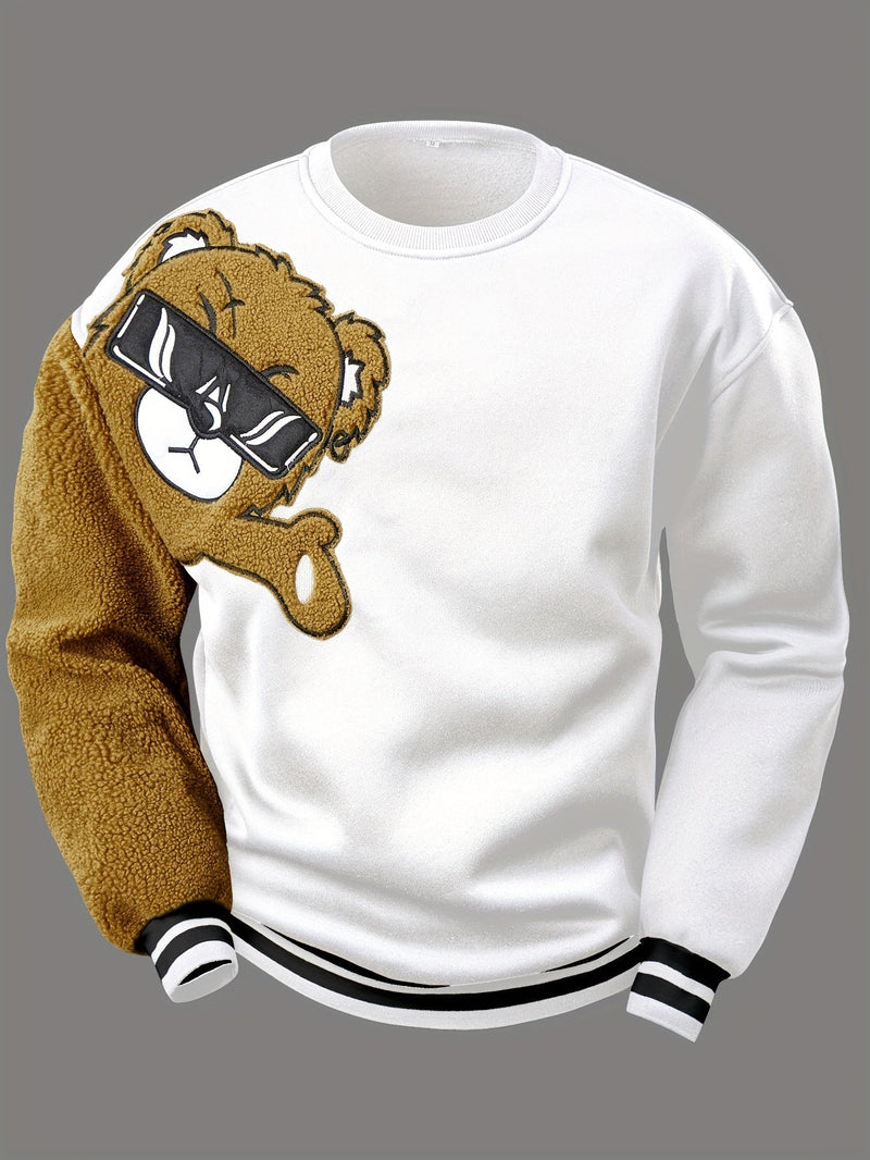 Weißer Pullover mit braunem Teddybär-Motiv, Sonnenbrille, gestreifte Bündchen, Unisex-Mode.