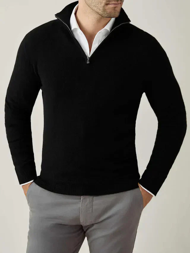 Schwarzer Kaschmir-Pullover mit Reißverschluss, Herrenmode, elegant, aus Italien, Luca Faloni.