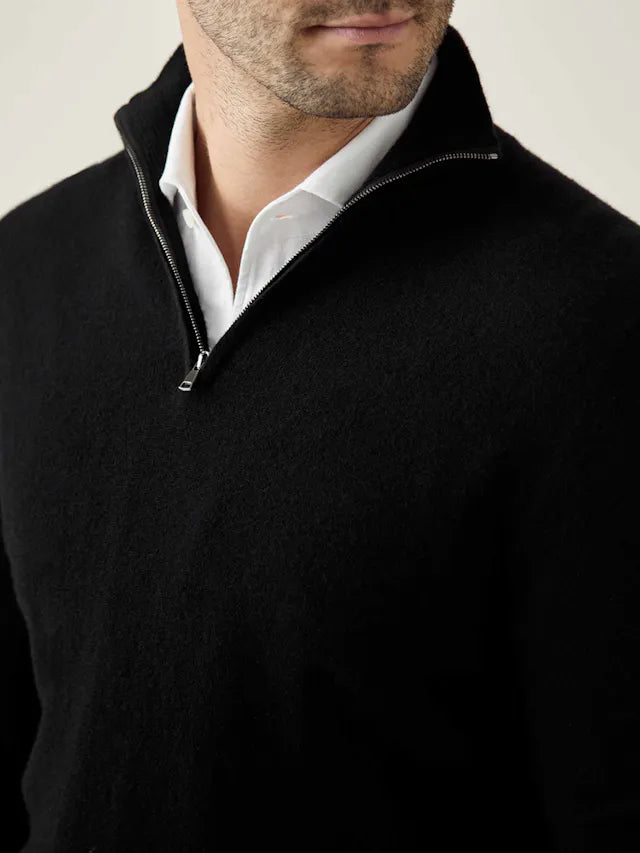 Schwarzer Kaschmir-Pullover mit Reißverschluss, Herrenmode, luxuriös, aus Italien, Luca Faloni.