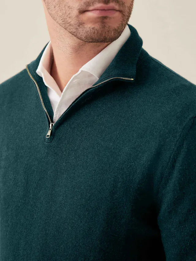 Herren-Kaschmirpullover mit Reißverschluss, Waldgrün, aus Italien, elegantes Design.