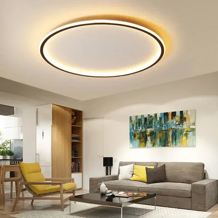 Moderne LED-Deckenleuchte, rund, dimmbar, warmweiß, Wohnzimmer, energiesparend.
