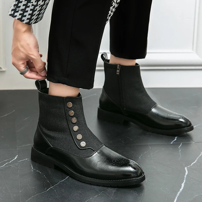Schwarze Herrenstiefeletten mit Knöpfen, Leder und Stoff, elegant, modern, für Herbstmode.