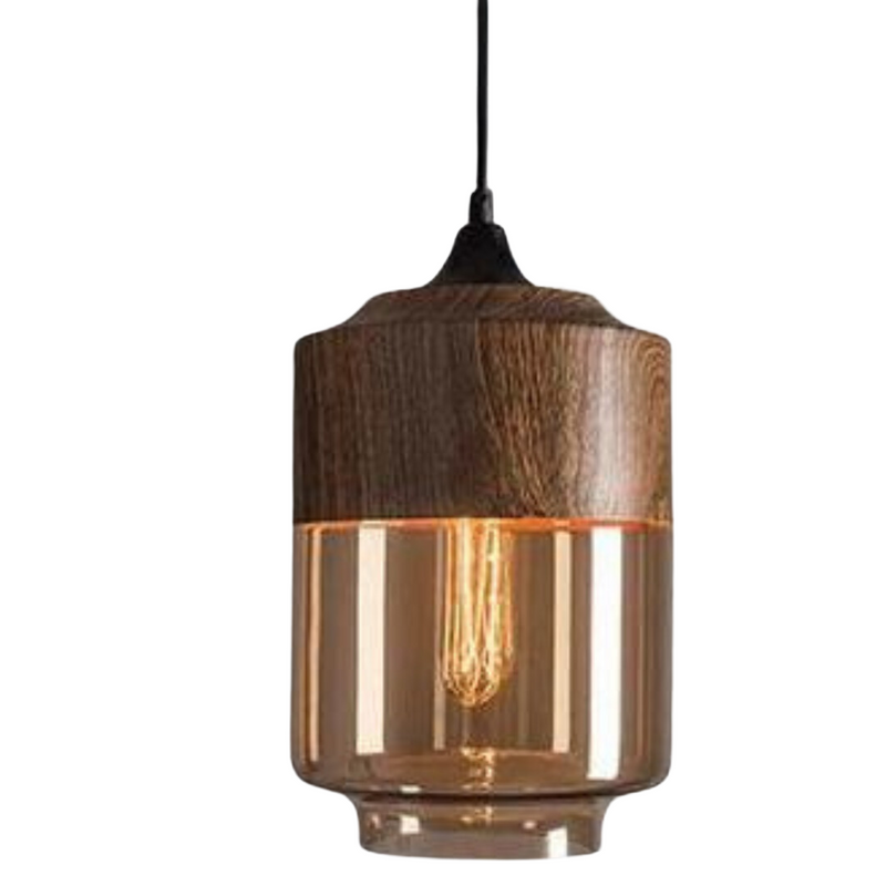 Hängelampe aus Holz und Glas, Vintage-Design, E27 Fassung, warmes Licht, Wohnzimmerbeleuchtung.