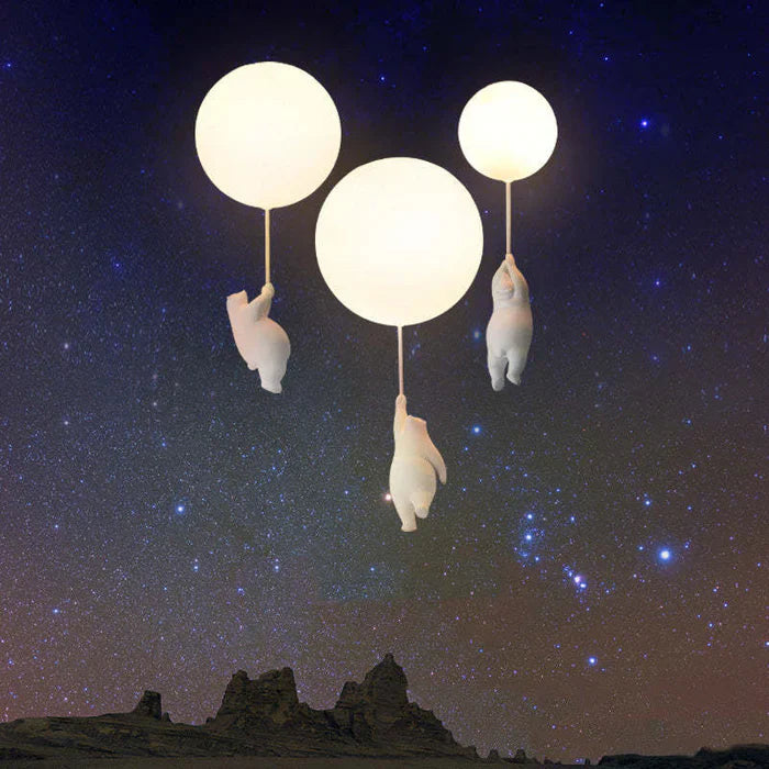 Drei schwebende Bärenlampen, LED, warmweiß, Nachtlicht, Kinderzimmer, Sternenhimmel-Hintergrund.