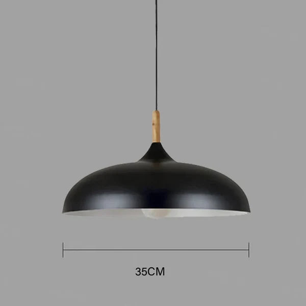 Schwarze Pendelleuchte, Metall, 35 cm Durchmesser, modernes Design, Holzdetail, Innenbeleuchtung.