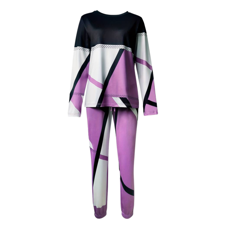 Damen Pyjama-Set, lila-schwarz-weiß, geometrisches Muster, langärmelig, bequem, Nachtwäsche.