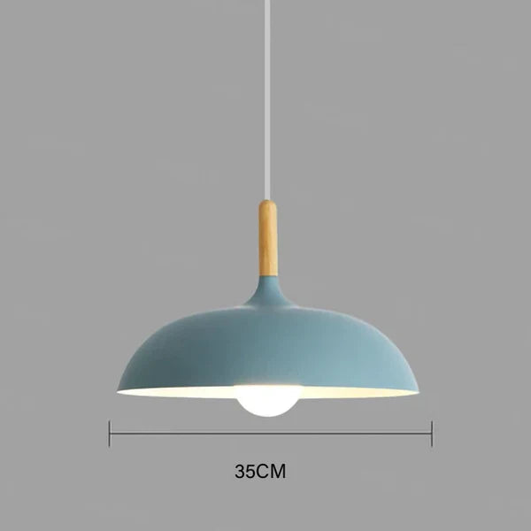 Blaue Pendelleuchte, 35 cm, Holzgriff, modernes Design, Innenbeleuchtung, skandinavischer Stil.