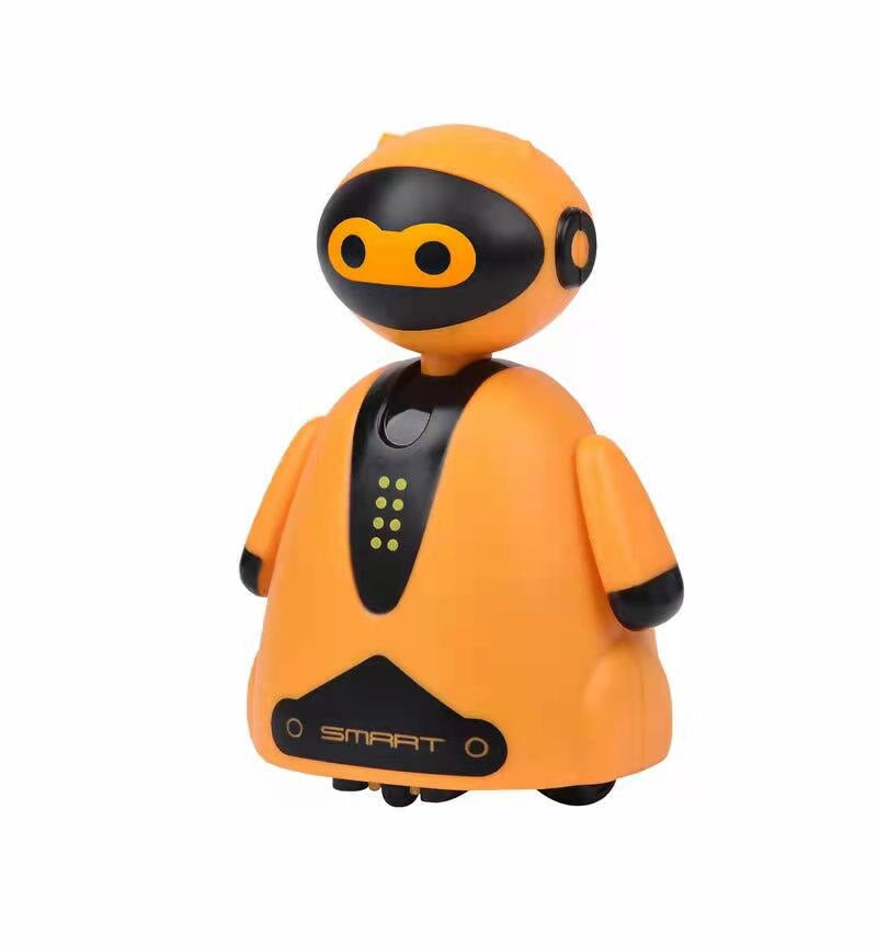 Orangefarbener Spielzeugroboter, Kunststoff, interaktiv, Kinder, Lernspielzeug, schwarz-gelbe Details.