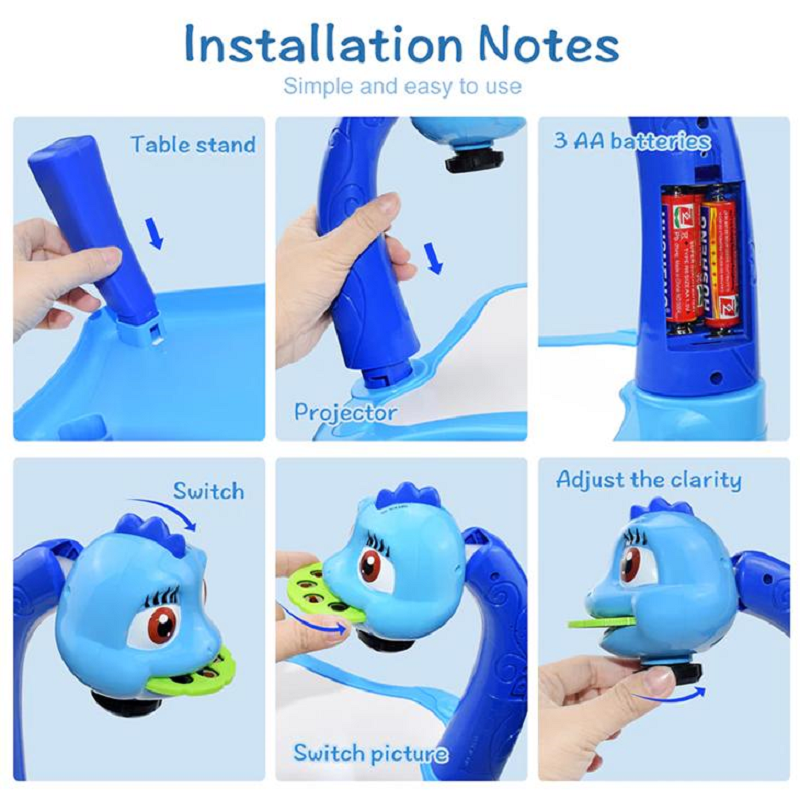 Blauer Kinderprojektor mit Batteriefach, Schalter und Bildwechsel, einfache Installation.