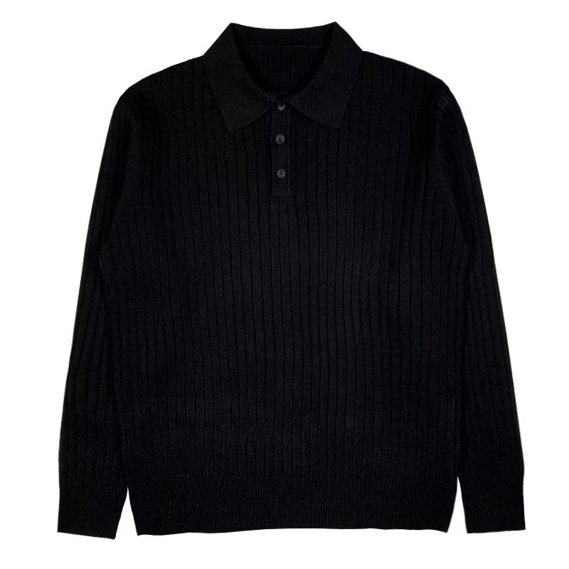 Schwarzer Strickpullover mit Kragen und Knopfleiste, Herrenmode, elegant, warm, klassisch.