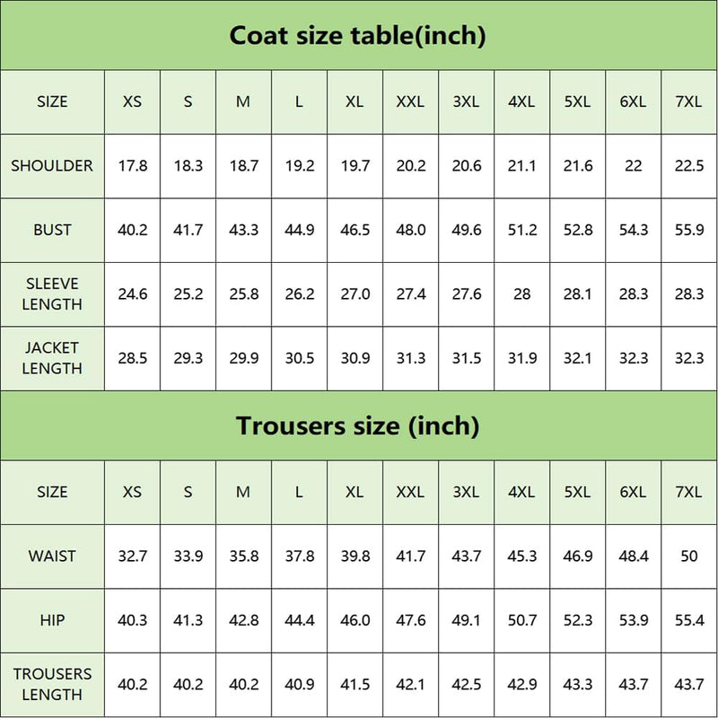 Größentabelle für Mäntel und Hosen in Zoll, XS bis 7XL, grün, detaillierte Maße.