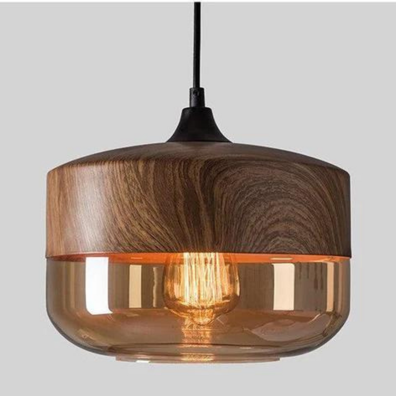 Moderne Hängelampe aus Holz und Glas, warmes Licht, ideal für Wohnzimmer oder Esszimmer.