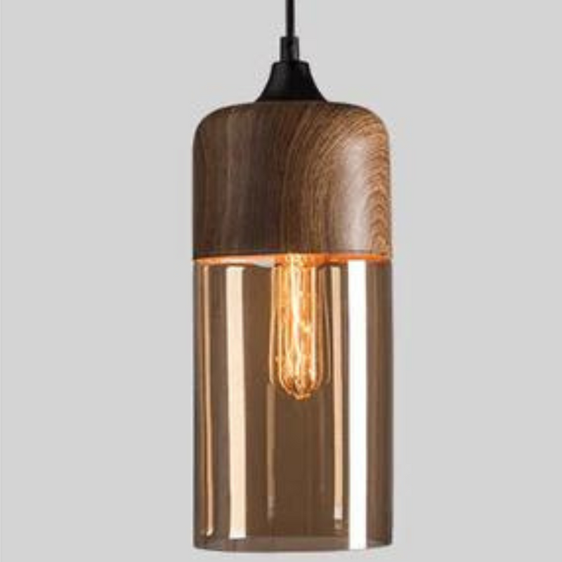 Hängelampe aus Holz und Glas mit Edison-Glühbirne, modern, braun, transparent, Wohnzimmerbeleuchtung.