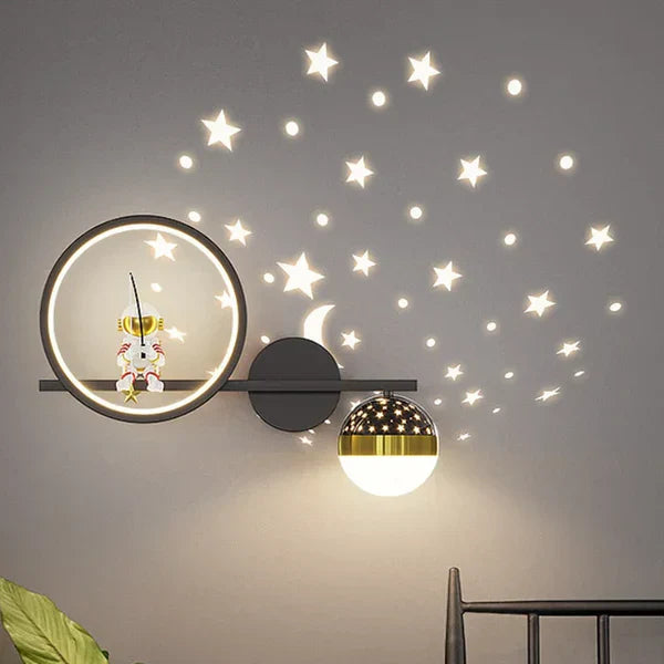 Wandleuchte Kinderzimmer Astronaut, LED, Sterne, Mond, Nachtlicht, modernes Design, Wanddeko