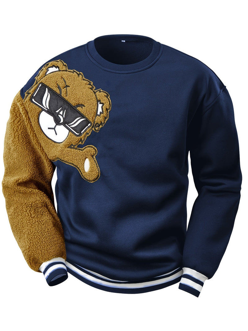 Dunkelblauer Pullover mit Teddybär-Motiv, Plüschärmel, Unisex, modisch, Baumwolle.