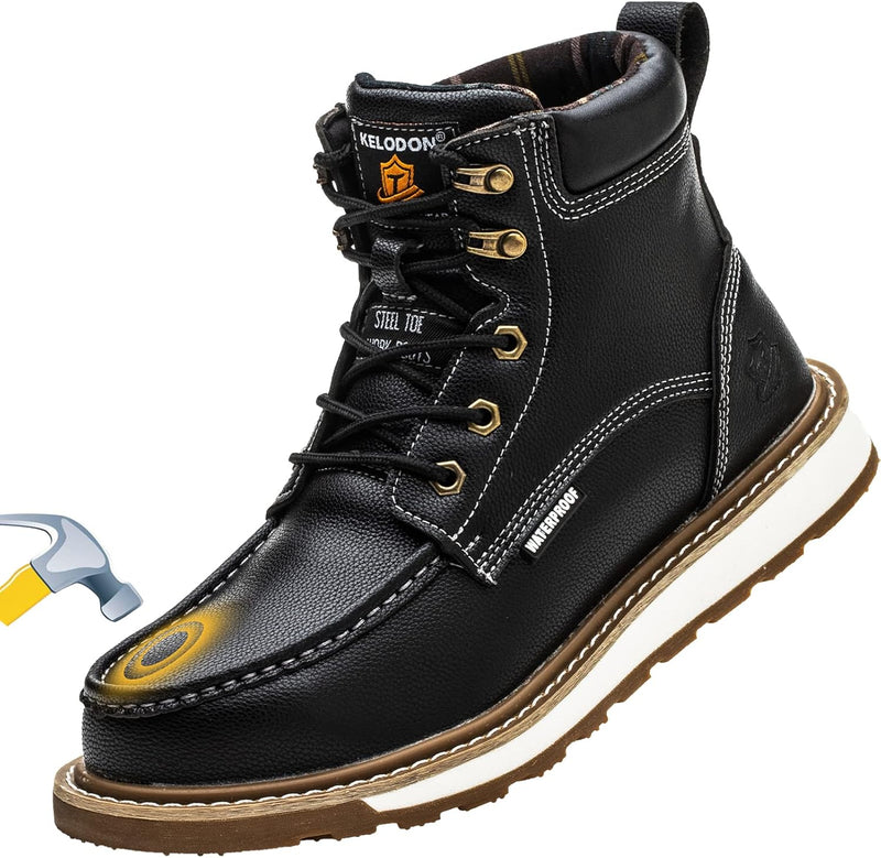 Schwarzer Herren-Arbeitsstiefel aus Leder mit Stahlkappe, rutschfest, robust, langlebig.