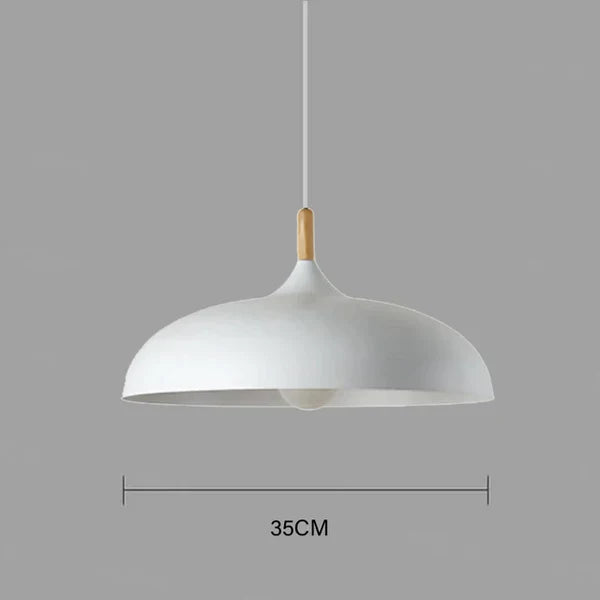 Weiße Pendelleuchte, 35 cm, modernes Design, Holzdetail, minimalistische Hängelampe.