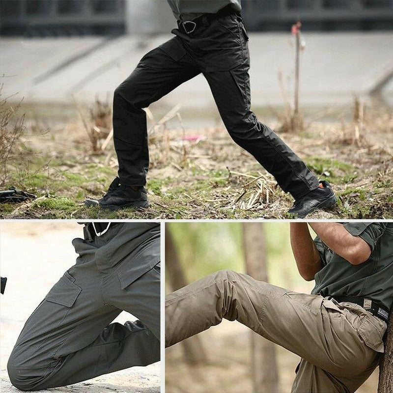 Taktische Outdoor-Hose, schwarz, oliv, beige, robust, wasserabweisend, für Wandern und Camping.
