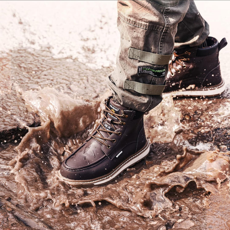 Wasserdichte braune Lederstiefel im Schlamm, Outdoor-Schuhe, robust, rutschfest, Herrenmode.