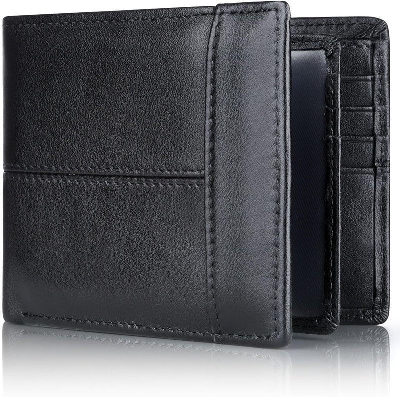 Schwarze Leder-Geldbörse für Herren, faltbar, mit Kartenfächern, elegantes Design.