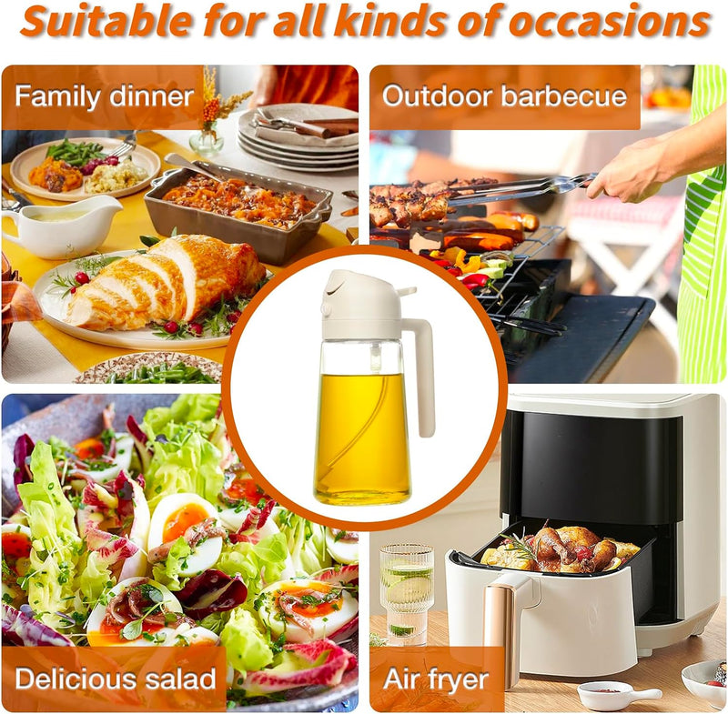 Ölspender aus Glas mit weißem Deckel, ideal für Küche, Grillen, Salate, Luftfritteuse.