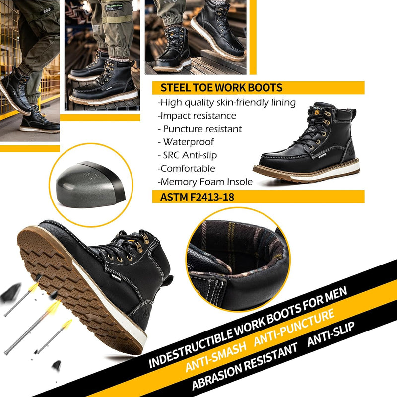 Schwarze Stahlkappen-Arbeitsstiefel, rutschfest, wasserdicht, durchtrittsicher, Herren.