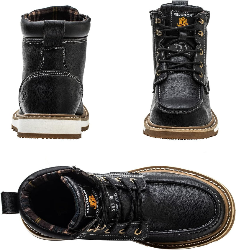 Schwarze Leder-Arbeitsstiefel mit Stahlkappe, rutschfeste Sohle, Herren, robust, langlebig.