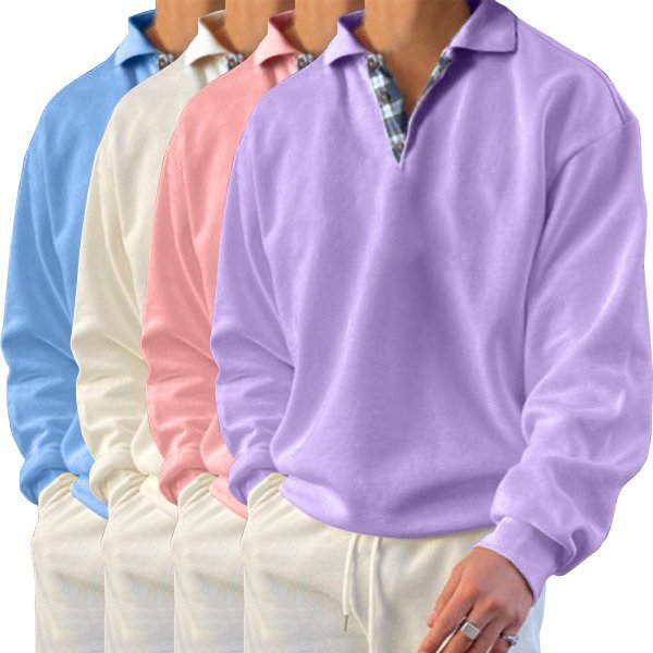 Vier Herren-Poloshirts in Pastellfarben: Blau, Creme, Rosa, Lila, aus Baumwolle.