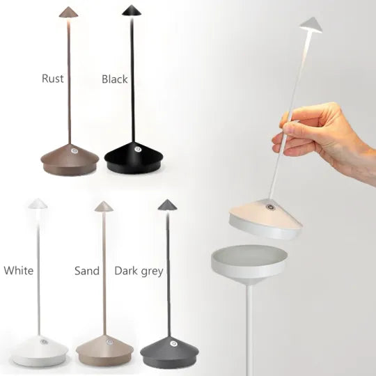 Moderne LED-Tischlampe, dimmbar, in Weiß, Schwarz, Sand, Dunkelgrau, Rost, minimalistisches Design.