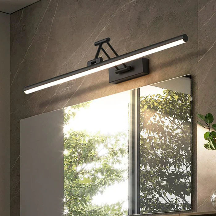 Moderne schwarze LED-Badleuchte über Spiegel, energiesparend, stilvolles Design.