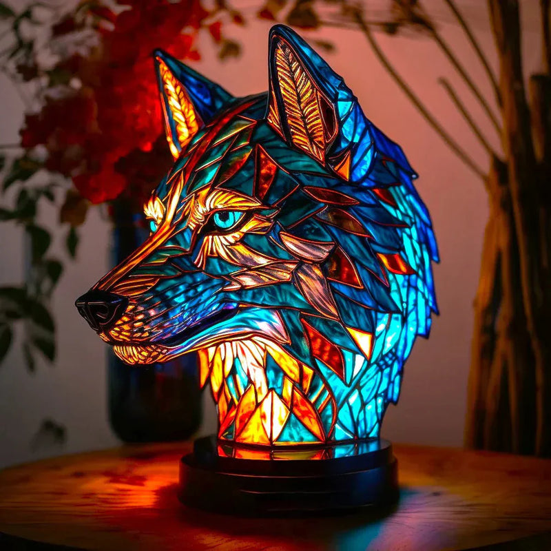 Bunte Wolfskopf-Tischlampe aus Glas, leuchtend, dekorativ, handgefertigt, Wohnzimmerbeleuchtung.
