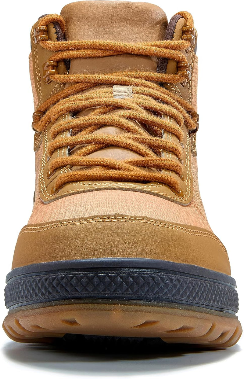 Brauner Wanderschuh aus Leder mit Schnürsenkeln, rutschfeste Sohle, Outdoor-Bekleidung.