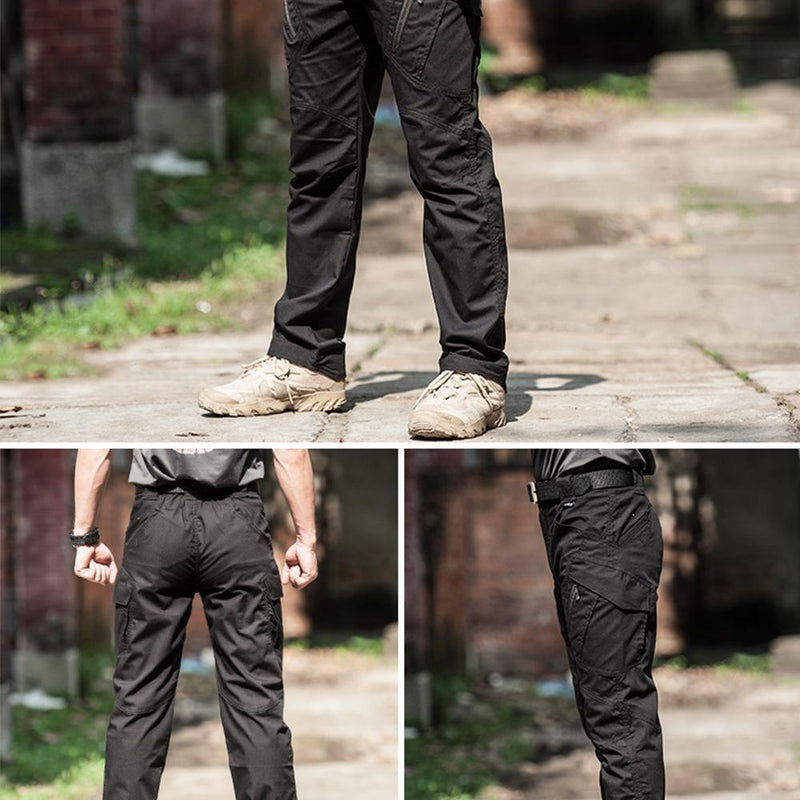 Schwarze taktische Hose für Herren, Outdoor, robust, mit Taschen, ideal für Wandern und Abenteuer.