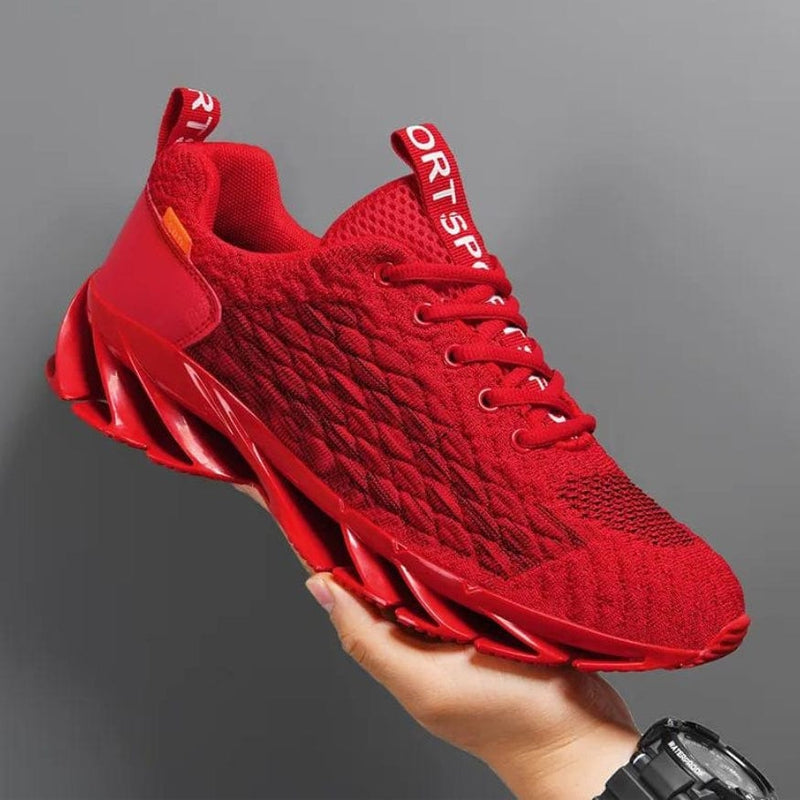 Roter Sportschuh, atmungsaktiv, mit einzigartiger Sohle, ideal für Laufen und Fitness.