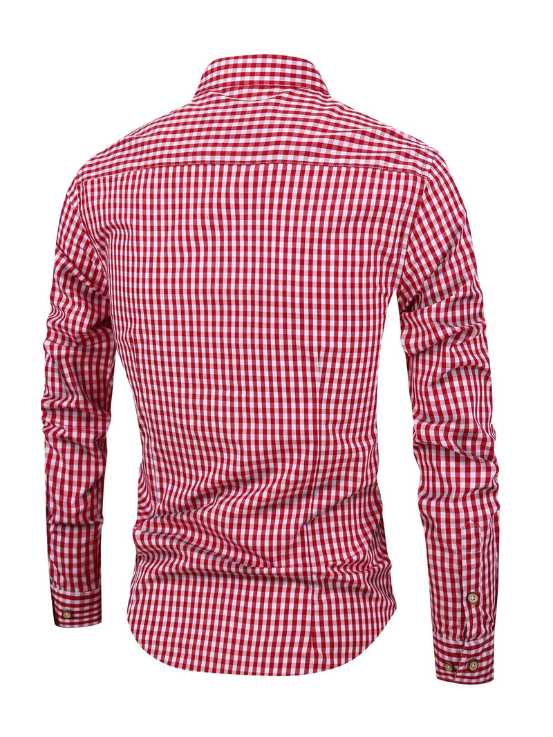 Rot-weiß kariertes Herrenhemd, langärmelig, Baumwolle, Freizeitmode, Rückansicht.