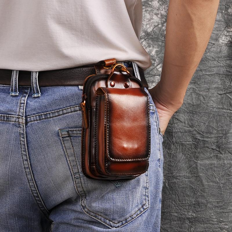 Braune Leder-Gürteltasche für Herren, vintage Design, ideal für Handy und Accessoires.