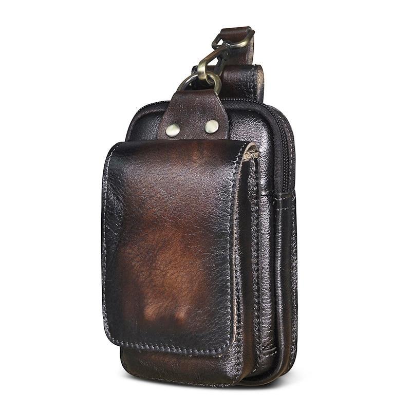 Braune Leder-Gürteltasche für Herren, Vintage-Stil, mit Reißverschluss und Schnalle.