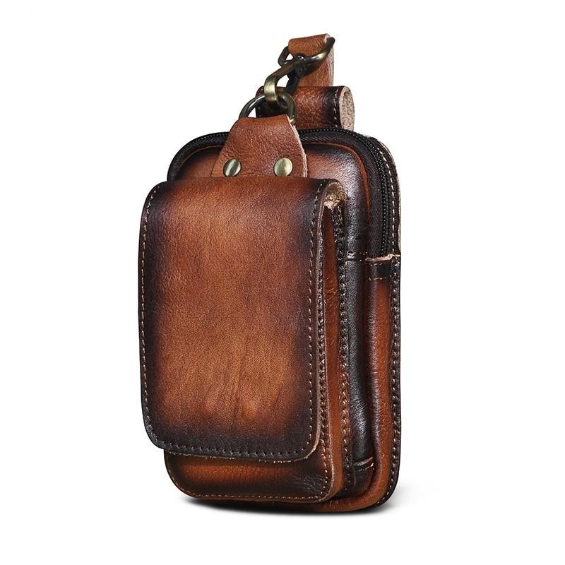 Braune Leder-Gürteltasche, Vintage-Stil, mit Reißverschluss und Schnalle, für Herren.