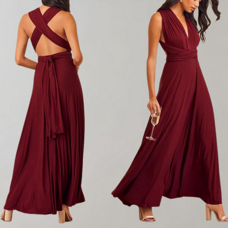 Damen Wickelkleid weinrot, festlich, ärmellos, lang, ideal für Hochzeit, elegantes Design.