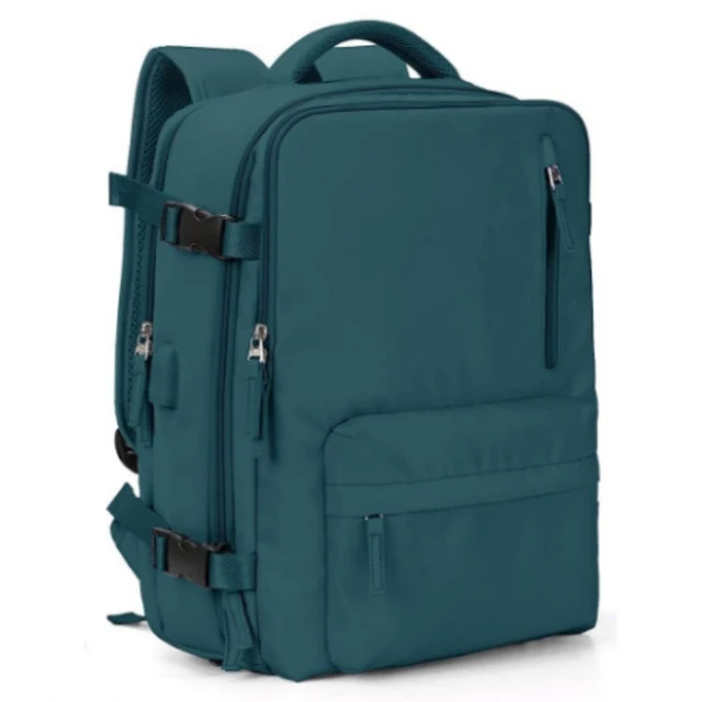 Wasserfester, blauer 35L Handgepäck-Rucksack für Reisen, mit mehreren Fächern.