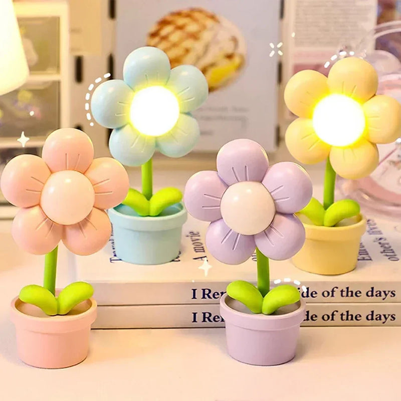 Bunte LED-Blumen-Nachtlichter in Blumentöpfen, ideal als Tischlampe oder Kinderzimmer-Dekoration.