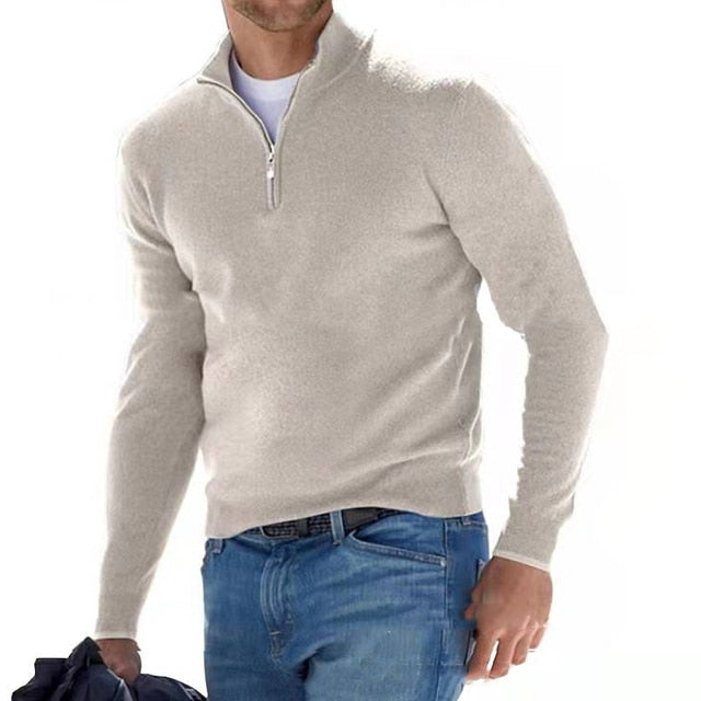 Herren-Pullover, beige, Reißverschluss, langärmelig, Baumwolle, casual, modisch, Frühling.